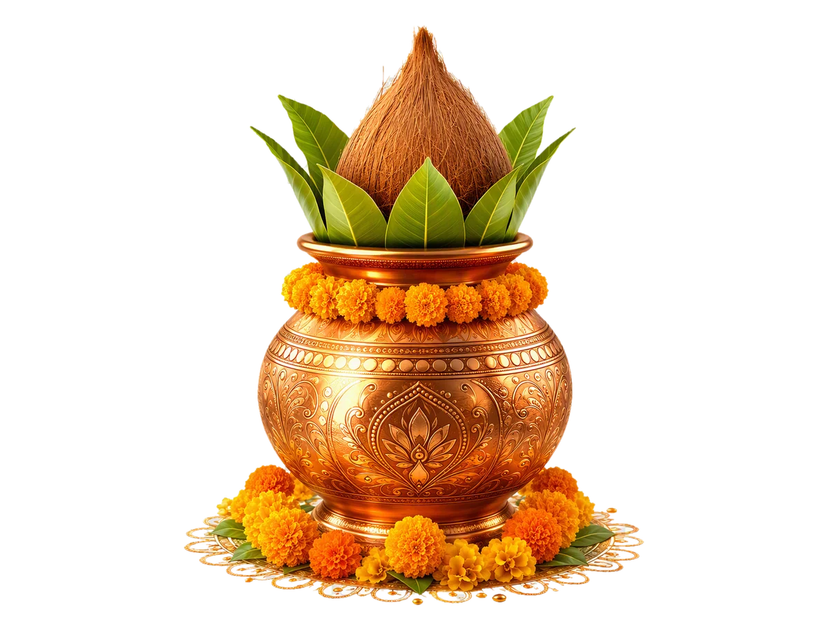 A copper kalash for Ghatasthapana, crowned with mango leaves and a coconut, with a marigold garland and marigolds around its base