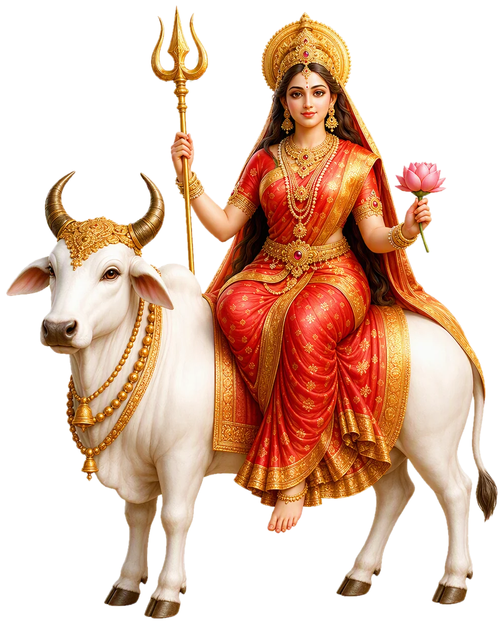 Maa Shailputri seated on her white bull Nandi, holding a golden trishul and a pink lotus, in a red and gold saree with a golden crown