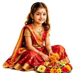 A young girl in a red and gold lehenga sitting with a plate of flowers, as she would at Kanya Pujan