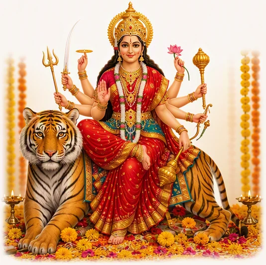 Maa Durga with many arms holding a trishul, sword, lotus and mace, seated beside her tiger among marigolds and brass diyas