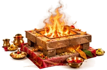A square brick havan kund with a bright fire, brass vessels of samagri and diyas around it