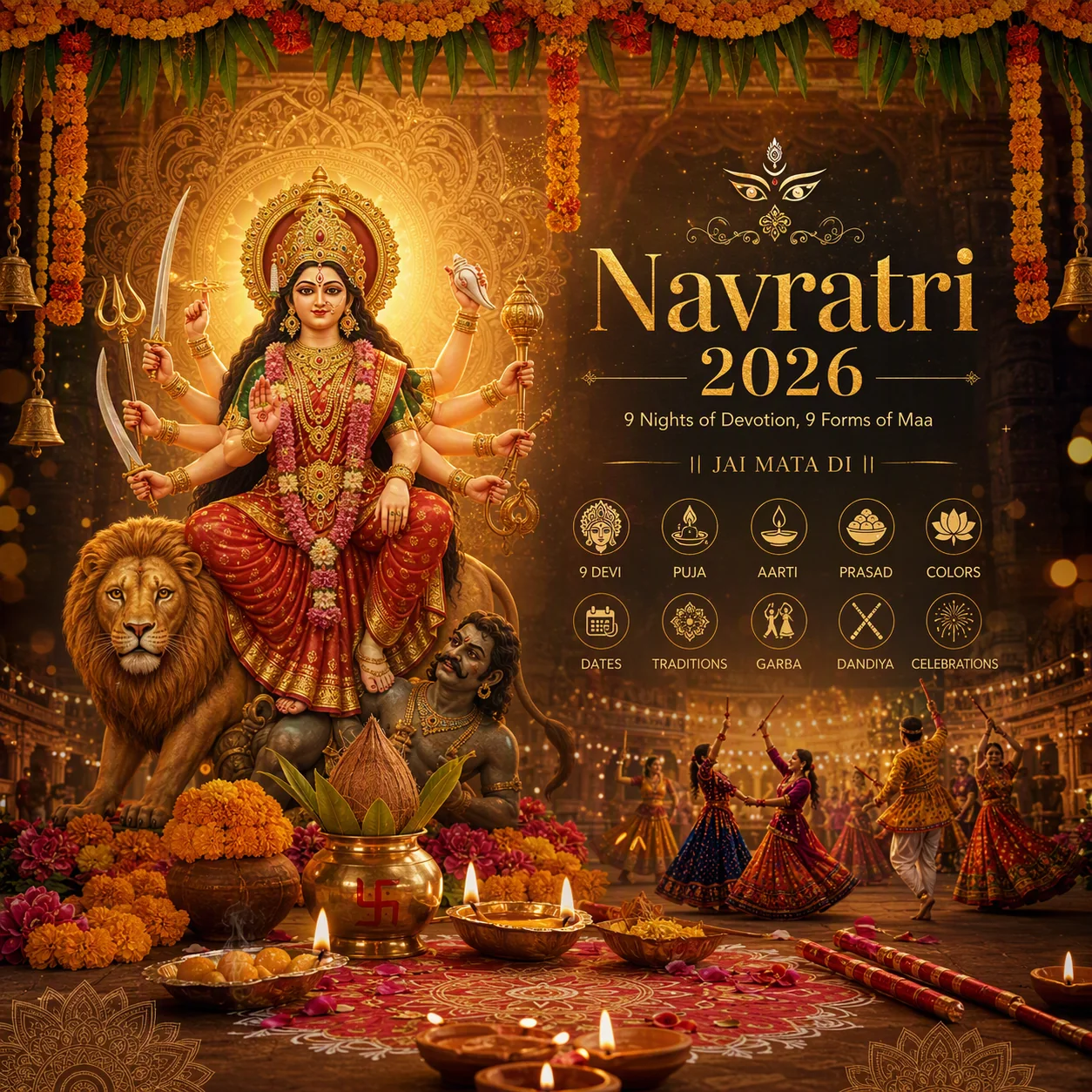नवरात्रि 2026 चित्र: सिंह पर विराजमान अष्टभुजा माँ दुर्गा, सामने पीतल का कलश और दीये, और रोशनी के बीच गरबा करते लोग