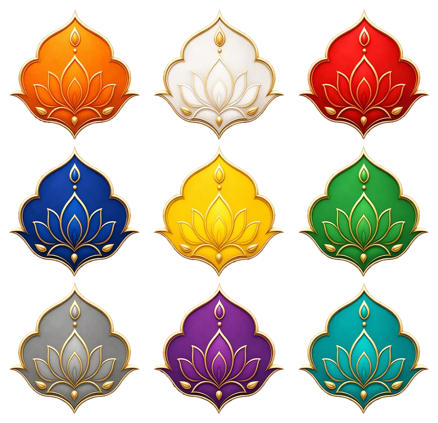 Nine lotus-shaped badges with gold borders in the nine Navratri 2026 colours: orange, white, red, royal blue, yellow, green, grey, purple and peacock green