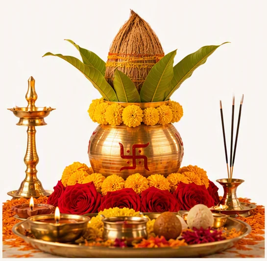 A brass kalash with a coconut, mango leaves and a swastika, with marigolds, red roses, an oil lamp, diyas and incense on a puja thali