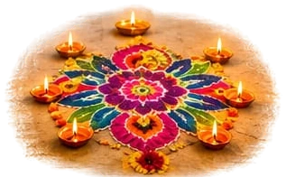 A round rangoli of pink, orange and blue petals on the floor, ringed with lit clay diyas