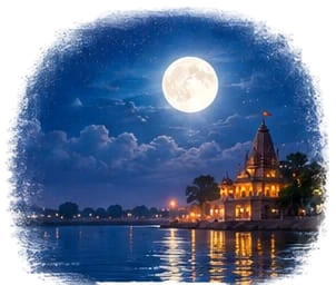 A full moon over clouds and a river, with a lit temple on the far bank
