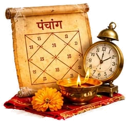 An old Panchang scroll beside a brass alarm clock, a lit diya and marigolds on a red cloth