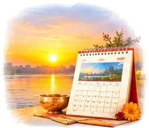 The sun rising over a river beside a desk calendar and a brass lota, with marigolds in front