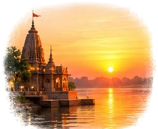 The sun setting over a river beside a temple with a saffron flag, the water glowing orange