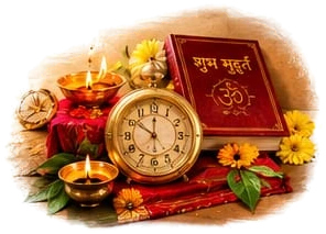 A brass clock, a red book marked Shubh Muhurat, lit diyas and marigolds on a red cloth